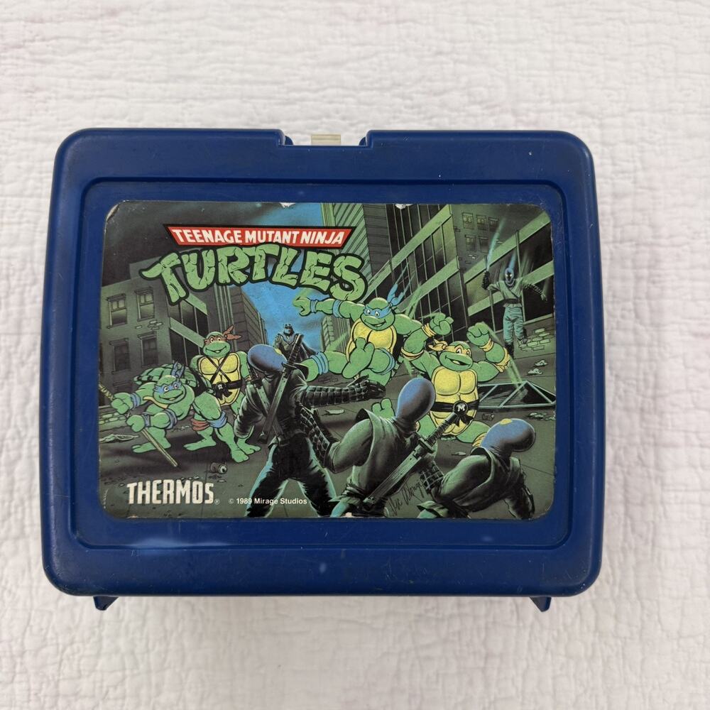 1989 Thermos Mirage Teenage Mutant Ninja Turtles Blue Plastic Lunch Box TMNT